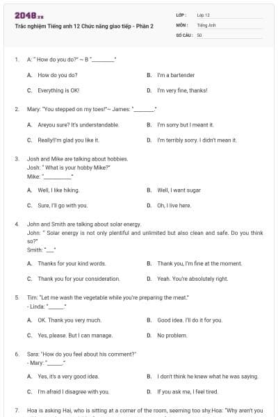 Trắc nghiệm Tiếng anh 12 Chức năng giao tiếp - Phần 2