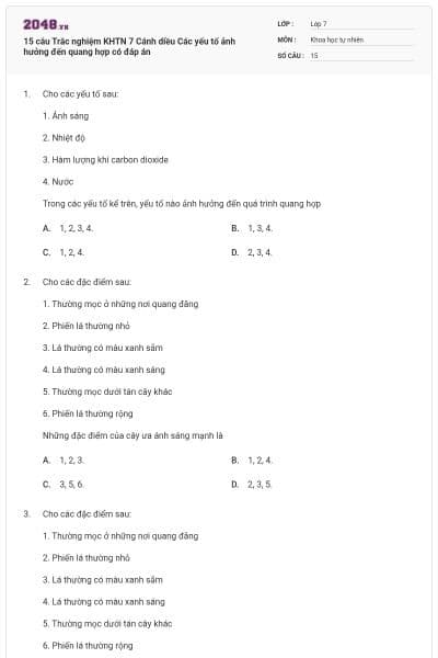 15 câu Trắc nghiệm KHTN 7 Cánh diều Các yếu tố ảnh hưởng đến quang hợp có đáp án