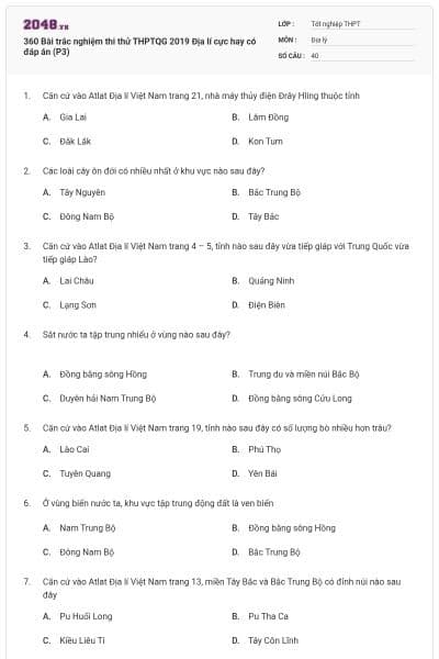 360 Bài trắc nghiệm thi thử THPTQG 2019 Địa lí cực hay có đáp án (P3)