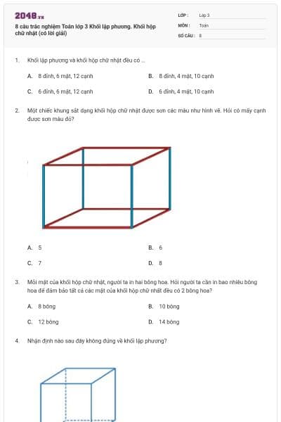 8 câu trắc nghiệm Toán lớp 3 Khối lập phương. Khối hộp chữ nhật (có lời giải)