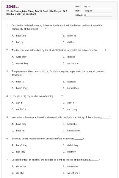 20 câu Trắc nghiệm Tiếng Anh 12 Cánh diều Chuyên đề 9: Câu hỏi đuôi (Tag question)