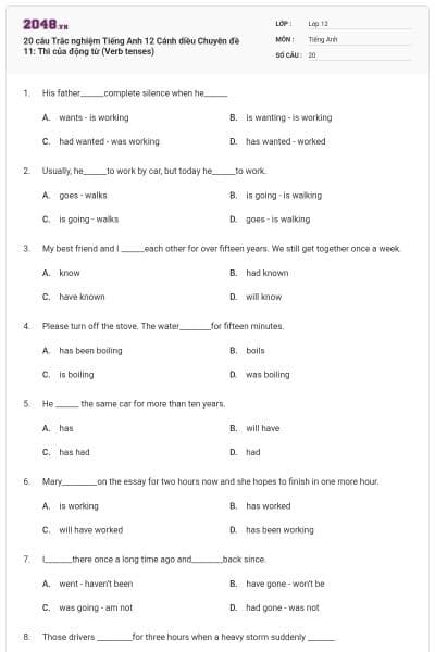 20 câu Trắc nghiệm Tiếng Anh 12 Cánh diều Chuyên đề 11: Thì của động từ (Verb tenses)