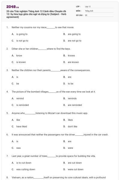 20 câu Trắc nghiệm Tiếng Anh 12 Cánh diều Chuyên đề 12: Sự hòa hợp giữa chủ ngữ và động từ (Subject - Verb agreement)