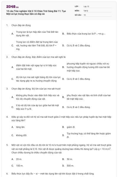 10 câu Trắc nghiệm Vật lí 10 Chân Trời Sáng Bài 11: Tạo Một số lực trong thực tiễn có đáp án