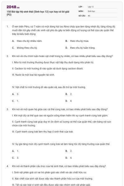 150 Bài tập Hệ sinh thái (Sinh học 12) cực hay có lời giải (P2)