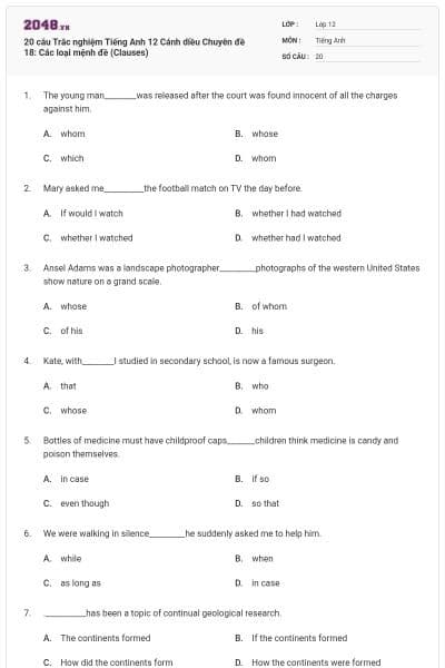 20 câu Trắc nghiệm Tiếng Anh 12 Cánh diều Chuyên đề 18: Các loại mệnh đề (Clauses)
