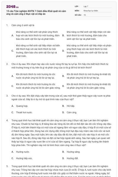15 câu Trắc nghiệm KHTN 7 Cánh diều Khái quát về cảm ứng và cảm ứng ở thực vật có đáp án