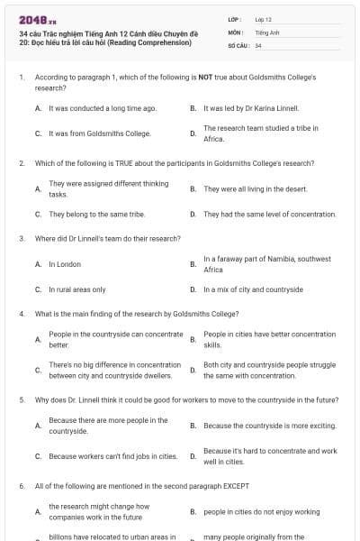 34 câu Trắc nghiệm Tiếng Anh 12 Cánh diều Chuyên đề 20: Đọc hiểu trả lời câu hỏi (Reading Comprehension)
