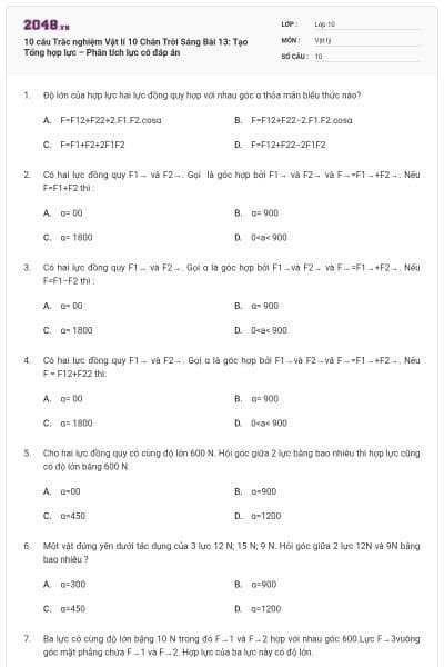 10 câu Trắc nghiệm Vật lí 10 Chân Trời Sáng Bài 13: Tạo Tổng hợp lực – Phân tích lực có đáp án