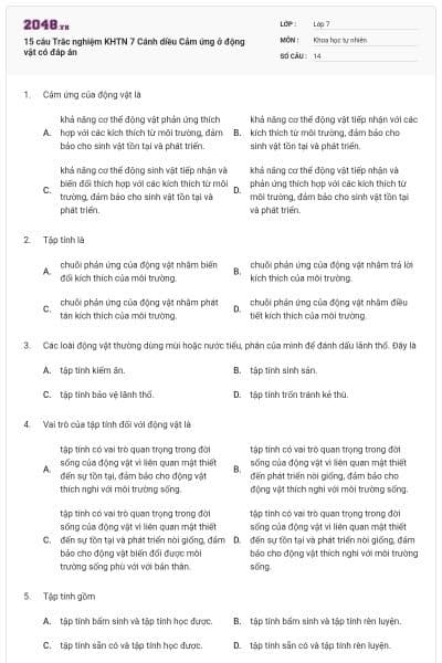 15 câu Trắc nghiệm KHTN 7 Cánh diều Cảm ứng ở động vật có đáp án