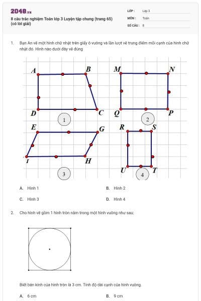 8 câu trắc nghiệm Toán lớp 3 Luyện tập chung (trang 65) (có lời giải)