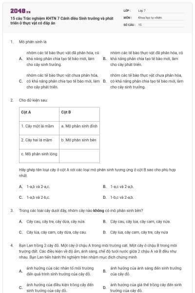15 câu Trắc nghiệm KHTN 7 Cánh diều Sinh trưởng và phát triển ở thực vật có đáp án
