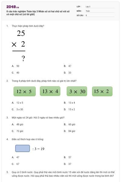 8 câu trắc nghiệm Toán lớp 3 Nhân số có hai chữ số với số có một chữ số (có lời giải)