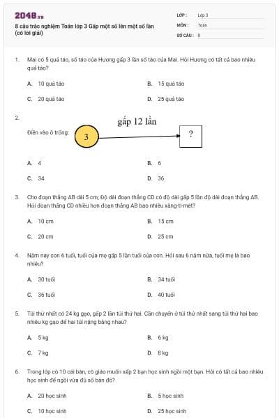 8 câu trắc nghiệm Toán lớp 3 Gấp một số lên một số lần (có lời giải)