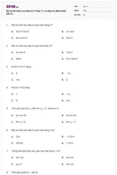 Bộ 24 Đề kiểm tra Giữa kì 2 Toán 11 có đáp án (Mới nhất) (Đề 5)