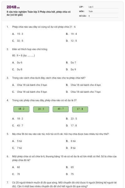 8 câu trắc nghiệm Toán lớp 3 Phép chia hết, phép chia có dư (có lời giải)