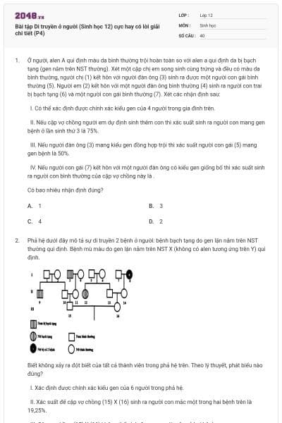 Bài tập Di truyền ở người (Sinh học 12) cực hay có lời giải chi tiết (P4)