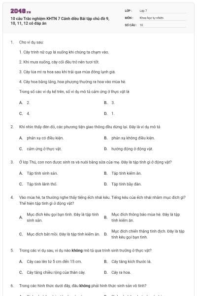 10 câu Trắc nghiệm KHTN 7 Cánh diều Bài tập chủ đề 9, 10, 11, 12 có đáp án