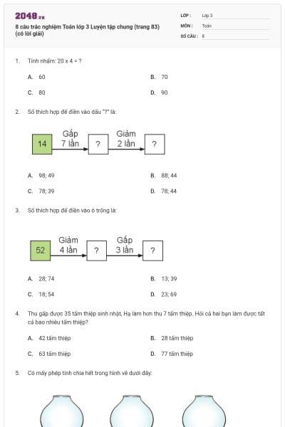 8 câu trắc nghiệm Toán lớp 3 Luyện tập chung (trang 83) (có lời giải)