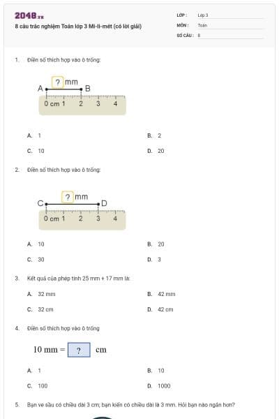 8 câu trắc nghiệm Toán lớp 3 Mi-li-mét (có lời giải)