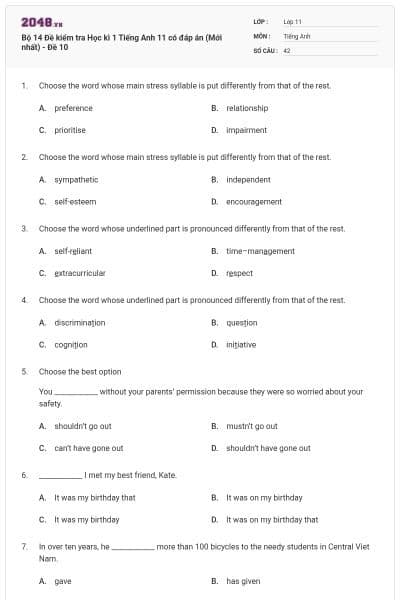 Bộ 14 Đề kiểm tra Học kì 1 Tiếng Anh 11 có đáp án (Mới nhất) - Đề 10