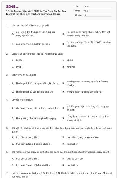 10 câu Trắc nghiệm Vật lí 10 Chân Trời Sáng Bài 14: Tạo Moment lực. Điều kiện cân bằng của vật có đáp án