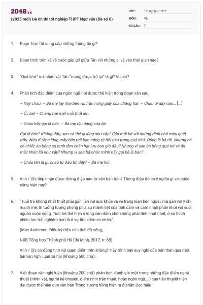 (2025 mới) Đề ôn thi tốt nghiệp THPT Ngữ văn (Đề số 6)