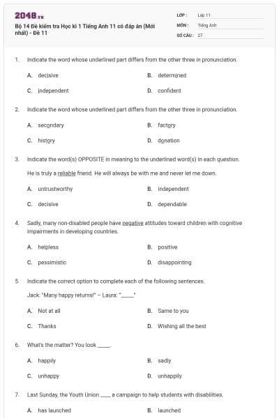 Bộ 14 Đề kiểm tra Học kì 1 Tiếng Anh 11 có đáp án (Mới nhất) - Đề 11