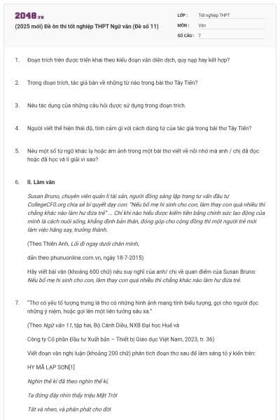 (2025 mới) Đề ôn thi tốt nghiệp THPT Ngữ văn (Đề số 11)