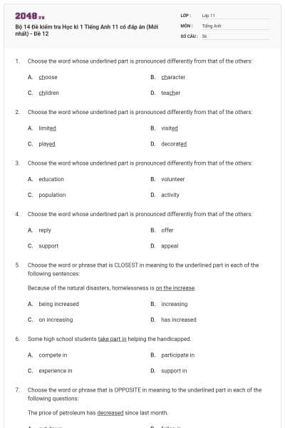 Bộ 14 Đề kiểm tra Học kì 1 Tiếng Anh 11 có đáp án (Mới nhất) - Đề 12