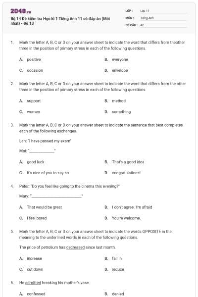 Bộ 14 Đề kiểm tra Học kì 1 Tiếng Anh 11 có đáp án (Mới nhất) - Đề 13