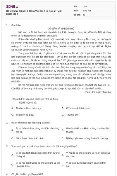 Đề kiểm tra Giữa kì 2 Tiếng Việt lớp 4 có đáp án (Mới nhất)_ Đề 1