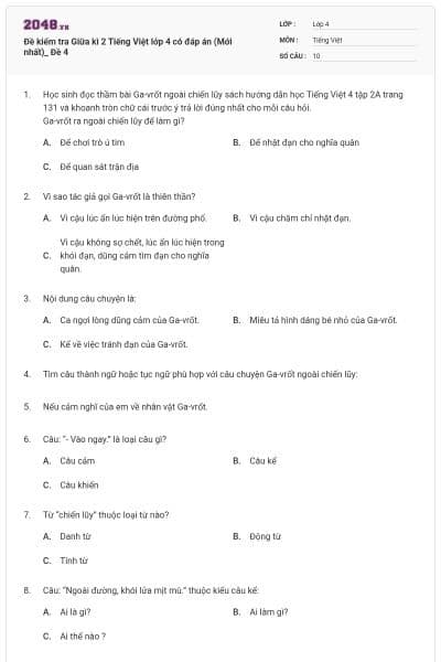 Đề kiểm tra Giữa kì 2 Tiếng Việt lớp 4 có đáp án (Mới nhất)_ Đề 4