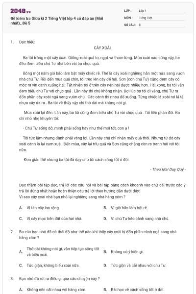 Đề kiểm tra Giữa kì 2 Tiếng Việt lớp 4 có đáp án (Mới nhất)_ Đề 5