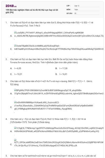 199 Bài trắc nghiệm Hàm số từ đề thi thử cực hay có lời giải (P6)