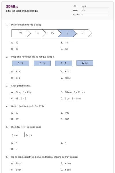 8 bài tập Bảng chia 3 có lời giải