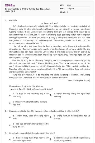 Đề kiểm tra Giữa kì 2 Tiếng Việt lớp 4 có đáp án (Mới nhất)_ Đề 8