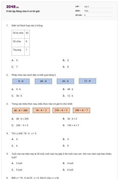 8 bài tập Bảng chia 6 có lời giải