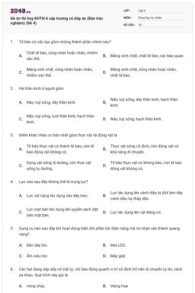 Đề ôn thi hsg KHTN 6 cấp trường có đáp án (Bán trắc nghiệm) (Đề 4)