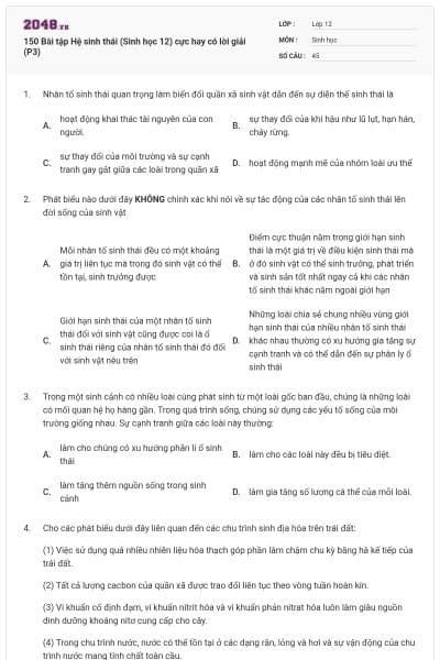 150 Bài tập Hệ sinh thái (Sinh học 12) cực hay có lời giải (P3)