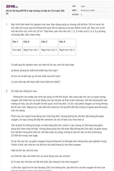 Đề ôn thi hsg KHTN 6 cấp trường có đáp án (Tự luận) (Đề 6)