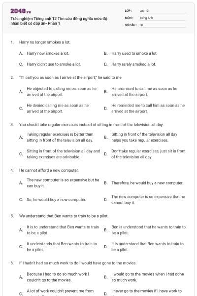 Trắc nghiệm Tiếng anh 12 Tìm câu đồng nghĩa mức độ nhận biết có đáp án- Phần 1