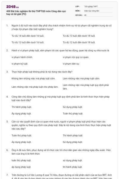 400 Bài trắc nghiệm thi thử THPTQG môn Công dân cực hay có lời giải (P3)