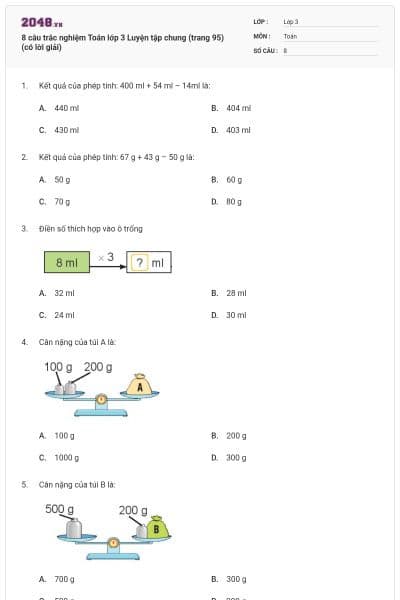 8 câu trắc nghiệm Toán lớp 3 Luyện tập chung (trang 95) (có lời giải)