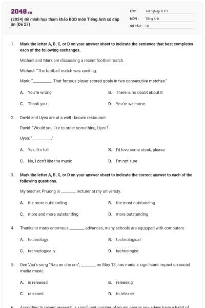 (2024) Đề minh họa tham khảo BGD môn Tiếng Anh có đáp án (Đề 27)
