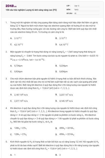 100 câu trắc nghiệm Lượng tử ánh sáng nâng cao (P3)