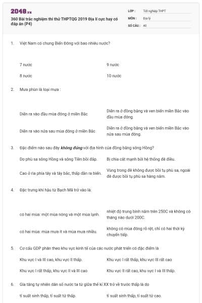 360 Bài trắc nghiệm thi thử THPTQG 2019 Địa lí cực hay có đáp án (P4)