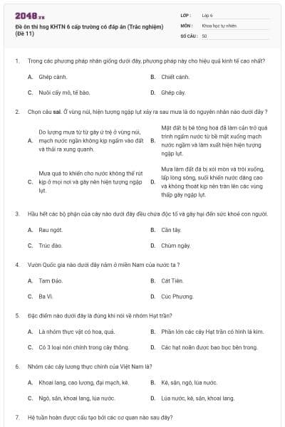 Đề ôn thi hsg KHTN 6 cấp trường có đáp án (Trắc nghiệm) (Đề 11)