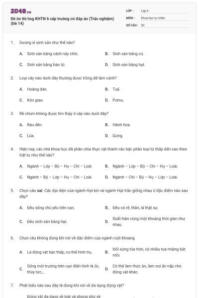 Đề ôn thi hsg KHTN 6 cấp trường có đáp án (Trắc nghiệm) (Đề 14)