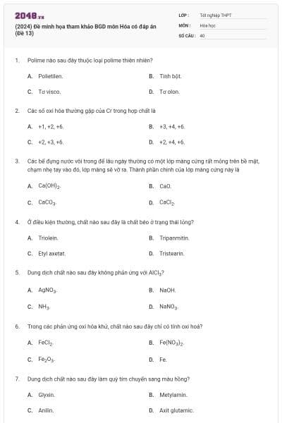 (2024) Đề minh họa tham khảo BGD môn Hóa có đáp án (Đề 13)